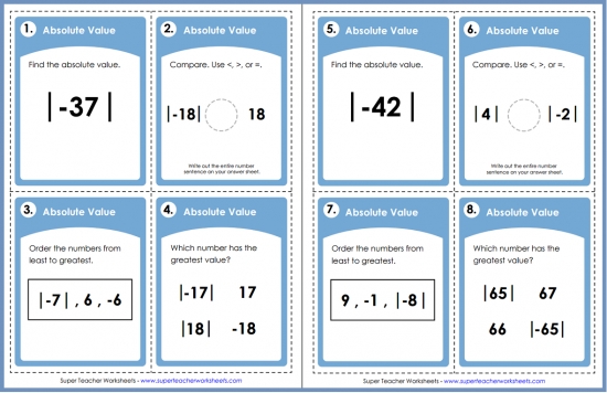Absolute Value Task Cards Absolute Value Task Cards