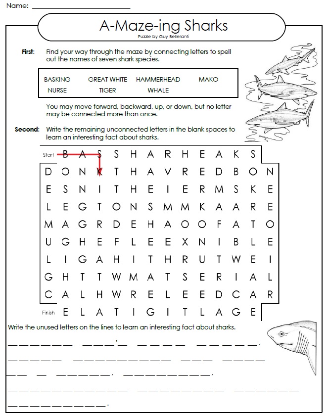 Printable Word Maze: Sharks Printable Word Maze: Sharks