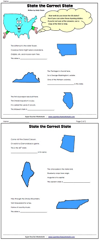 A Printable State Riddle Worksheet A Printable State Riddle Worksheet