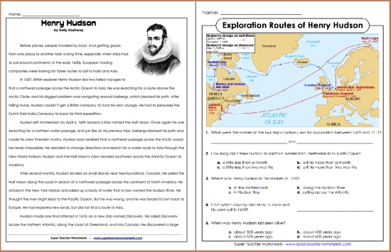 Henry Hudson Reading Comprehension Henry Hudson Reading Comprehension