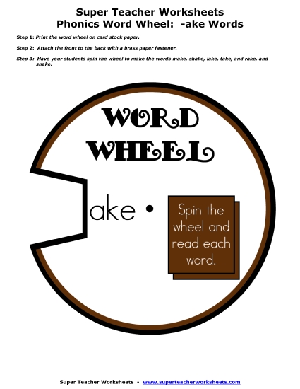 Word Family Word Wheels - -ake Word Wheel (Printable PDF Worksheet)