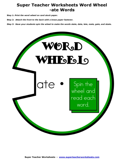 Word Wheels, Flashcards, and Sliders - -ate Word Wheel (Printable PDF Worksheet)