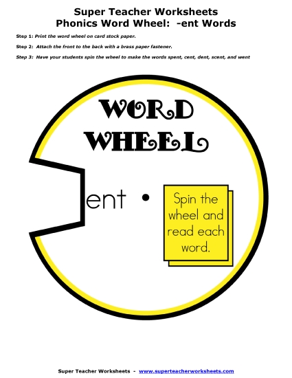 Flashcards, Sliders, Word Wheels - -ent Word Wheel (Printable PDF Worksheet)
