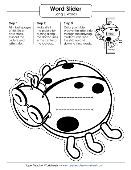  Flashcards, Sliders, and Word Wheels -  Long E Word Slider (Printable PDF Worksheet)
