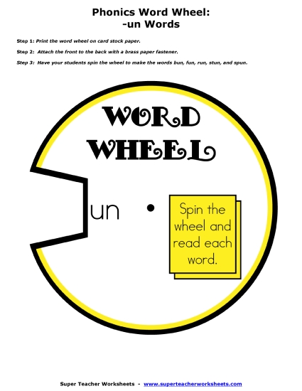 Flash Cards and Word Wheels - -un Word Wheel (Printable PDF Worksheet)