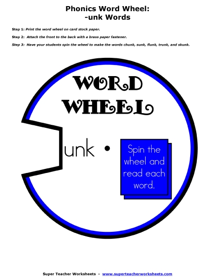Word Family Word Wheels - -unk Word Wheel (Printable PDF Worksheet)