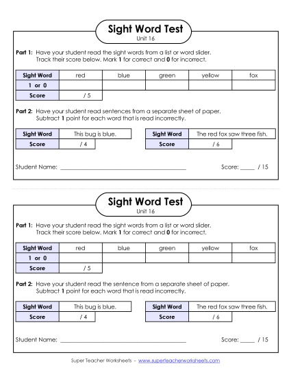 Sight Word Tests - 1-on-1 Reading Test (Unit 16) (Printable PDF Worksheet)