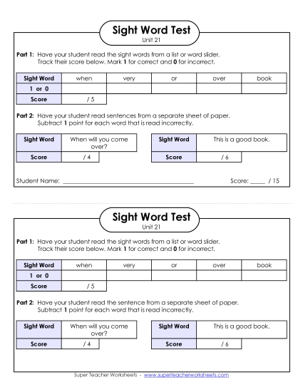 Sight Word Tests - 1-on-1 Reading Test (Unit 21) (Printable PDF Worksheet)