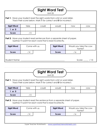 Sight Word Tests - 1-on-1 Reading Test (Unit 25) (Printable PDF Worksheet)
