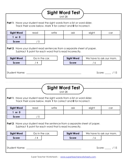 Sight Word Tests - 1-on-1 Reading Test (Unit 28) (Printable PDF Worksheet)