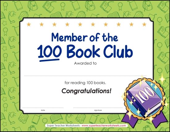 Reading & Writing Awards - 100 Book Award (Printable PDF Worksheet)