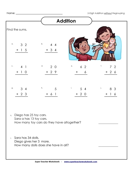 Addition (No Borrowing) - 2-Digit Addition Problems (No Regrouping) (Printable PDF Worksheet)