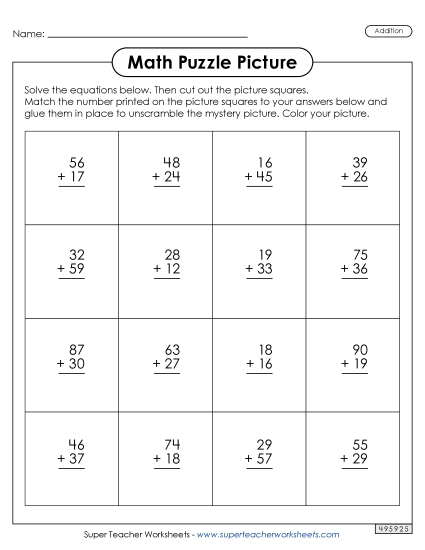 Winter Addition Worksheets - 2-Digit Addition - Snowball Fight Picture Puzzle (Printable PDF Worksheet)