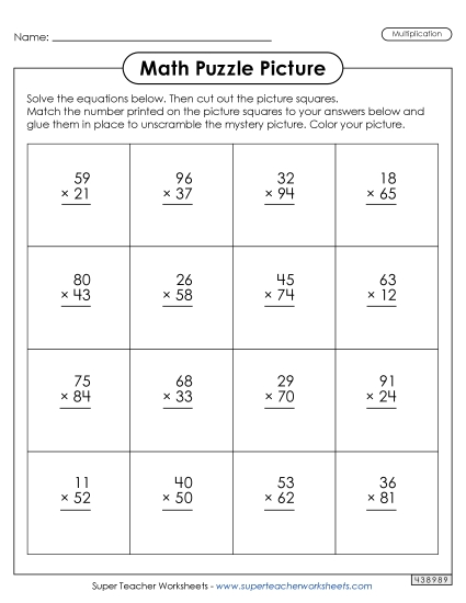 Winter Multiplication Worksheets - 2-Digit Multiplication - Hockey Picture Puzzle (Printable PDF Worksheet)
