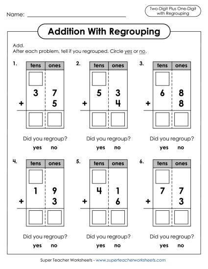 Worksheets (2-Digit Addends) - 2-Digit Plus 1-Digit with Regrouping (Printable PDF Worksheet)