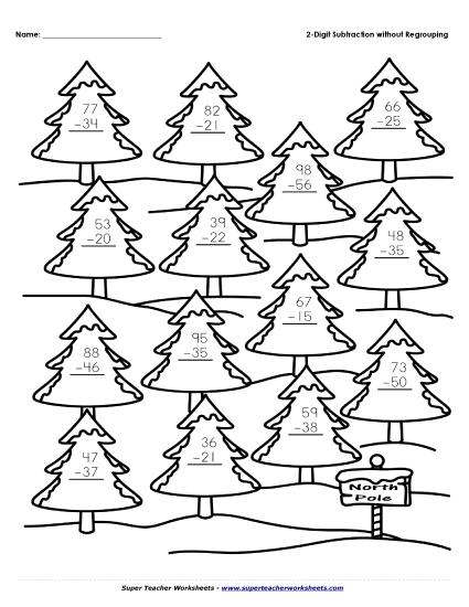 Winter Subtraction Worksheets - 2-Digit Subtraction Winter Trees (No Borrowing) (Printable PDF Worksheet)