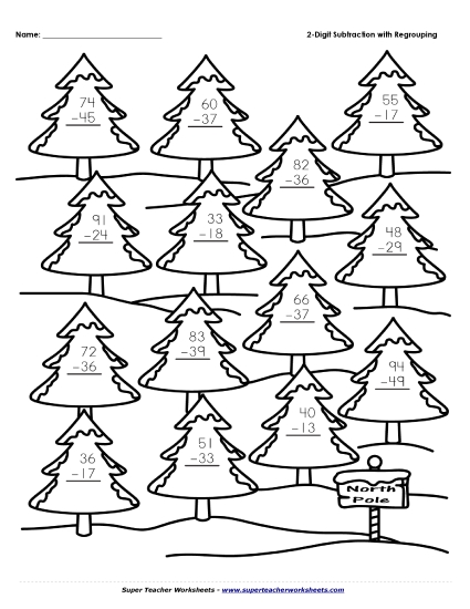 Winter Subtraction Worksheets - 2-Digit Subtraction Winter Trees (With Borrowing) (Printable PDF Worksheet)