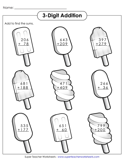 Summer Addition - 3 - Digit Addition Popsicles (Printable PDF Worksheet)