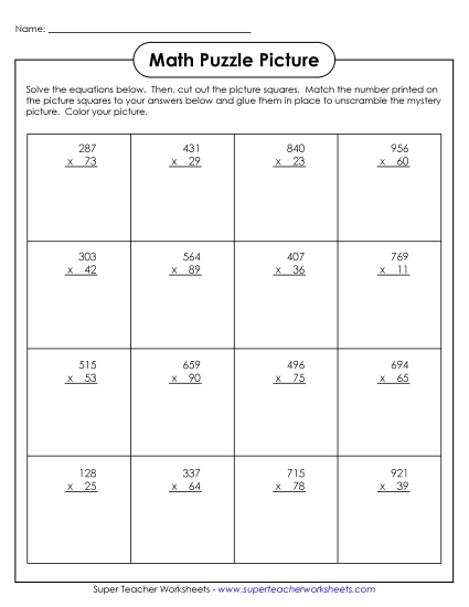 3-Digit Times 2-Digit Worksheets - 3-Digit by 2-Digit - Pirate Picture Puzzle (Printable PDF Worksheet)