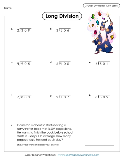 Quotients with Zero - 3-Digit Dividends with Zero (Printable PDF Worksheet)