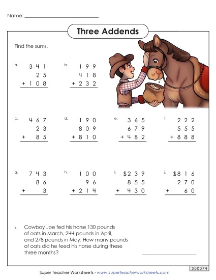 Three-Digit - 3-Digit Numbers, 3 Addends (Printable PDF Worksheet)
