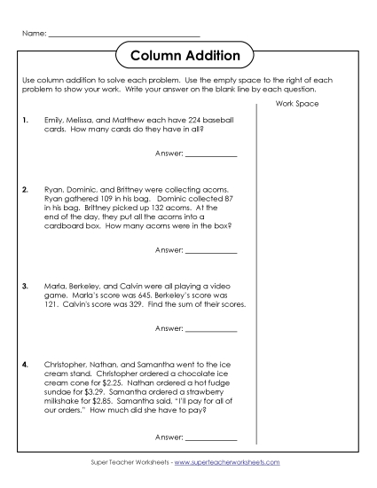 Three-Digit - 3-Digit Numbers, 3 Addends Word Problems #1 (Printable PDF Worksheet)
