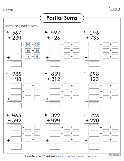 Partial Sums - 3-Digit Partial Sums Addition (Printable PDF Worksheet)