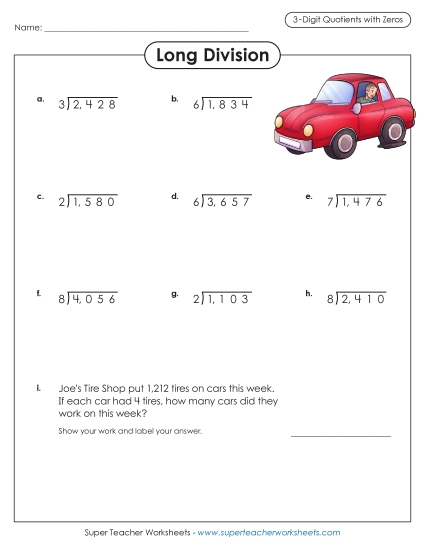 Quotients with Zero - 3-Digit Quotients with Zero (Printable PDF Worksheet)