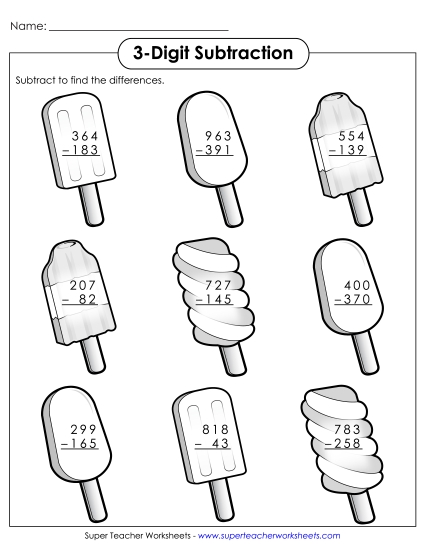 Summer Subtraction - 3 - Digit Subtraction Popsicles (Printable PDF Worksheet)