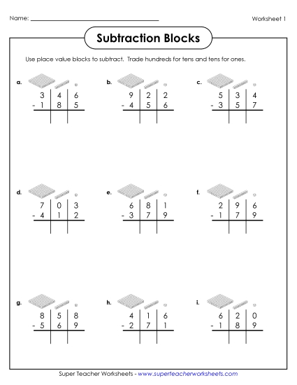 3-Digit Subtraction Worksheets - 3-Digit Subtraction with Place Value Blocks (Printable PDF Worksheet)