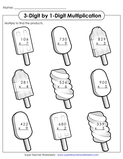 Summer Multiplication - 3 - Digit Summer Multiplication (Printable PDF Worksheet)