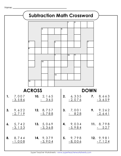 4-Digit Subtraction Worksheets - 4-Digit Subtraction Crossword (Printable PDF Worksheet)