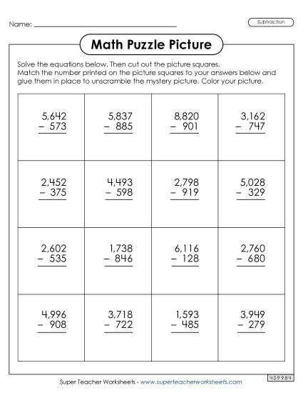 Winter Subtraction Worksheets - 4-Digit Subtraction - Figure Skater Picture Puzzle (Printable PDF Worksheet)