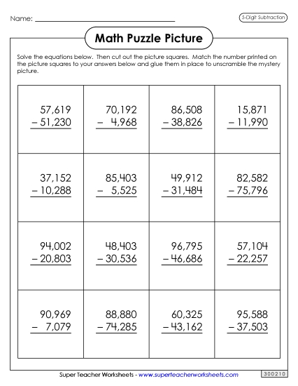 Worksheets - 5-Digit Subtraction: Astronaut Puzzle Picture (Printable PDF Worksheet)