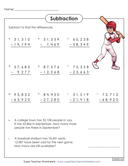 Worksheets - 5-Digit Subtraction (Printable PDF Worksheet)