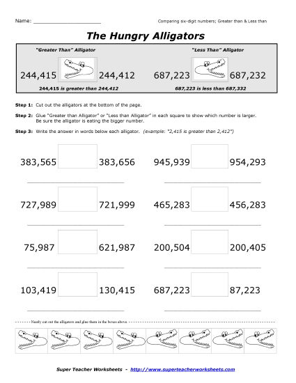 Comparing Numbers - 6-Digit Alligators (Printable PDF Worksheet)