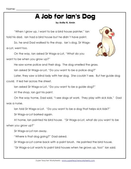 Ian and Sir Wags-a-Lot Stories (Fiction) - A Job for Ian's Dog (Printable PDF Worksheet)