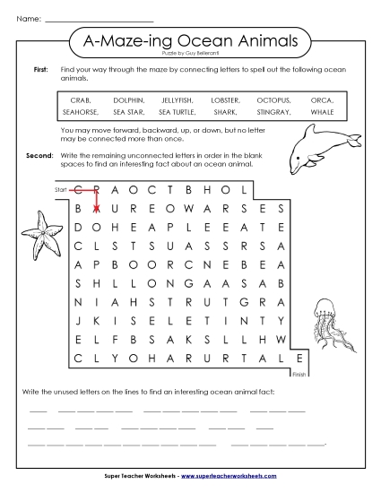 A-Maze-ing Puzzle: Sea Animals (Printable PDF Worksheet)