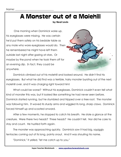 Fiction Stories - A Monster out of a Molehill (Fiction) (Printable PDF Worksheet)