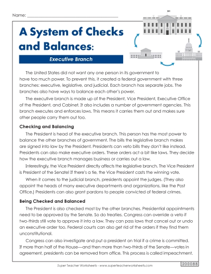 Nonfiction Articles - A System of Checks and Balances: Executive Branch (Printable PDF Worksheet)