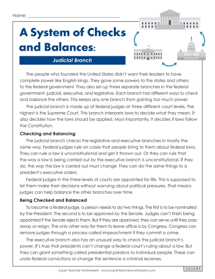 Reading Comprehension - A System of Checks and Balances: Judicial Branch (Printable PDF Worksheet)