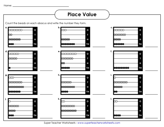Place Value - Abacus Place Value (4-Digit) (Printable PDF Worksheet)