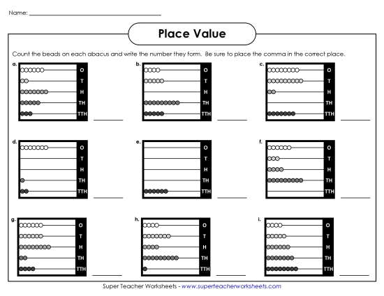 Place Value - Abacus Place Value (5-Digit) (Printable PDF Worksheet)