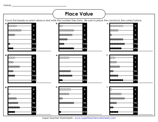 Place Value - Abacus Place Value (6-Digit) (Printable PDF Worksheet)