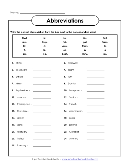 Mixed Abbreviations - Abbreviation Match (Printable PDF Worksheet)