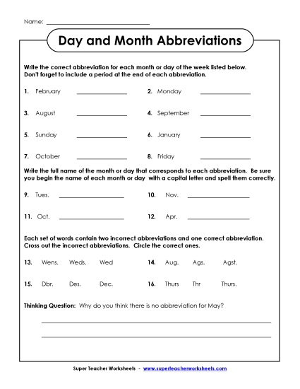 Calendars (Intermediate) - Abbreviations: Months and Days (Printable PDF Worksheet)