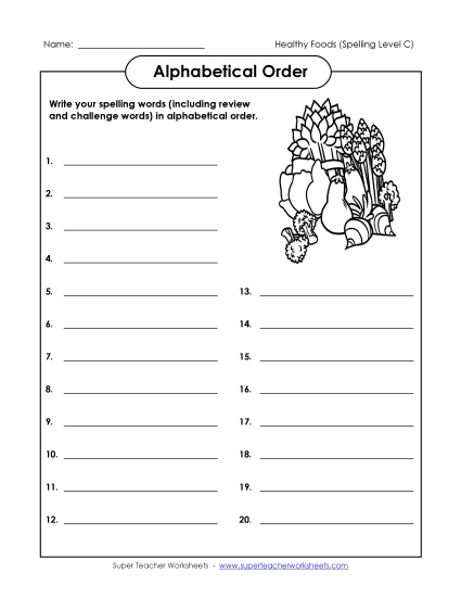 ABC Order - ABC Order: Complete List (C-Healthy Foods)  (Printable PDF Worksheet)
