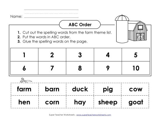 ABC Order - ABC Order: Cut and Glue (A-Farm Words)  (Printable PDF Worksheet)