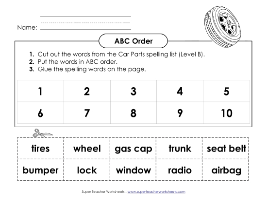 ABC Order - ABC Order: Cut and Glue (B-Car Parts)  (Printable PDF Worksheet)