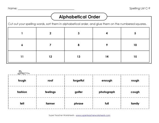 Alphabetical Order - ABC Order: Cut & Glue (C-9) (Printable PDF Worksheet)